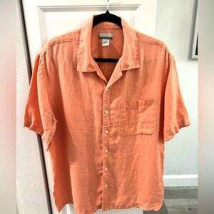 Breakwater Men coral orange button-down short sleeve 100% linen shirt Medium